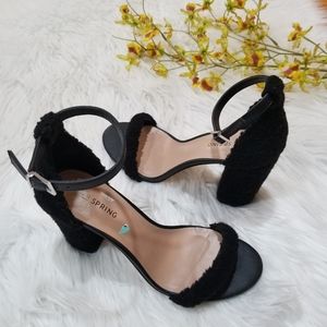 Call It Spring Black Chunky Heel Open Toe Sandals With Adjustable Ankle Straps.